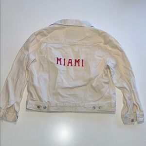 White LEVI Jacket with Red Miami Lettering Patches Iron-On’s